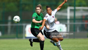 Rianna Jarrett of Wexford Youths (right) in action against Shauna Carroll of Peamount United