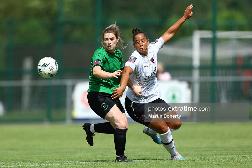 Rianna Jarrett of Wexford Youths (right) in action against Shauna Carroll of Peamount United