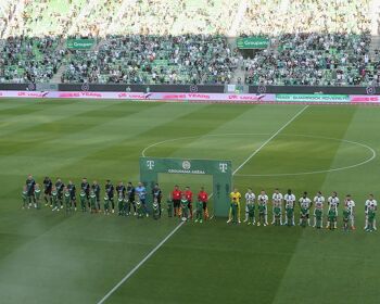 Ferencvaros and Shamrock Rovers lineup ahead of kick off in Fradi's 4-0 win over the Hoops in Budapest in July 2023