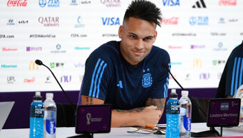 Lautaro Martinez of Argentina speaks during the Argentina Press Conference at the Main Media Center ahead of their game with Mexico