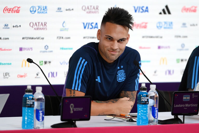Lautaro Martinez of Argentina speaks during the Argentina Press Conference at the Main Media Center ahead of their game with Mexico