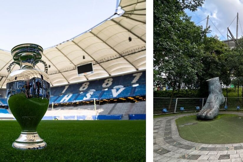 The UEFA EURO 2024 Trophy is displayed at the Volksparkstadion in Hamburg, Germany and the Hamburg SV 'Walk of Fame'.