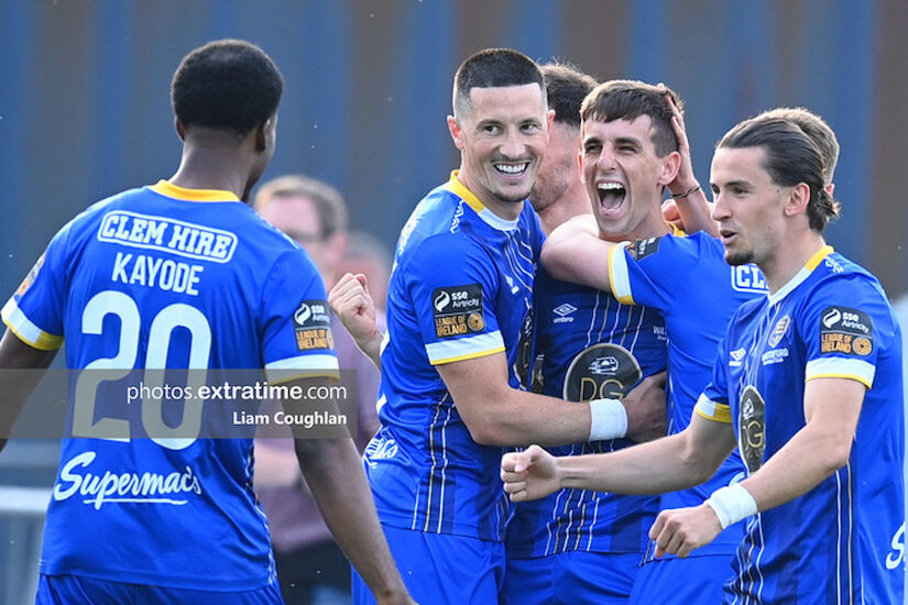 Waterford celebrate Dean McMenamy's early goal