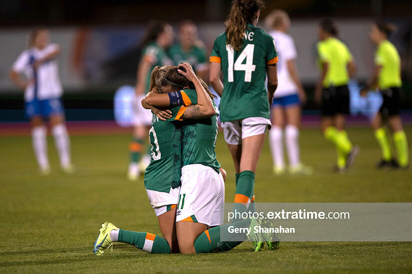 Denise O'Sullivan (left) and Katie McCabe embrace at the final whistle in Tallaght with a World Cup play-off secured
