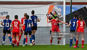 Athlone ‘keeper Niamh Coombes loses control of the ball allowing Jessie Stapleton to score the opener for Shels