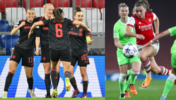 Lea Schueller of FC Bayern München celebrates with teammates after scoring and Katie McCabe (right)