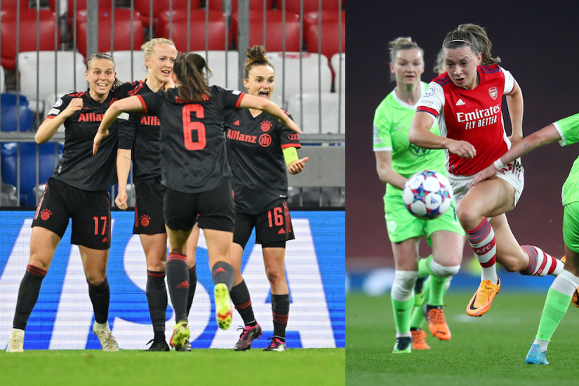 Lea Schueller of FC Bayern München celebrates with teammates after scoring and Katie McCabe (right)