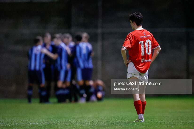Dean Paget watches on as St Mochta's celebrate their opening goal against Tolka Rovers on Wednesday night