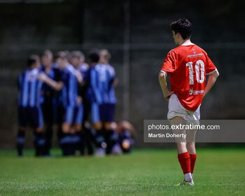 Dean Paget watches on as St Mochta's celebrate their opening goal against Tolka Rovers on Wednesday night