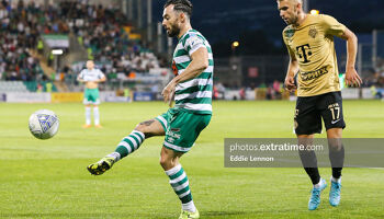 Richie Towell and Eldar Civic in Rovers' 1-0 win over Ferencvaros in Tallaght Stadium last August