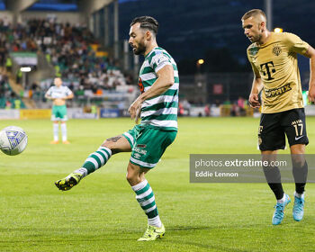 Richie Towell and Eldar Civic in Rovers' 1-0 win over Ferencvaros in Tallaght Stadium last August