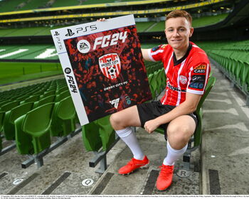 Pictured is Brandon Kavanagh of Derry City during the EA SPORTS FC 24 SSE Airtricity League Cover Launch at the Aviva Stadium in Dublin