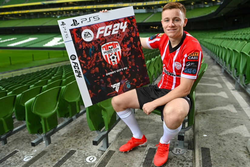 Pictured is Brandon Kavanagh of Derry City during the EA SPORTS FC 24 SSE Airtricity League Cover Launch at the Aviva Stadium in Dublin