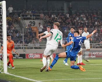 Nathan Collins scores against Greece in last year's 2-1 defeat in Athens