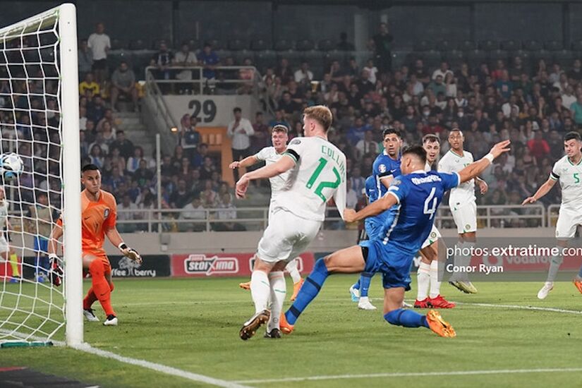 Nathan Collins scores against Greece in last year's 2-1 defeat in Athens