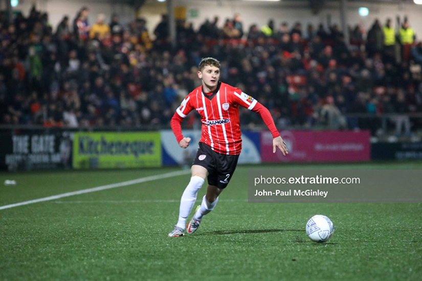 Ronan Boyce in action for Derry City during their 0-0 draw with Sligo Rovers at the Brandywell on Monday, 28 February 2022.