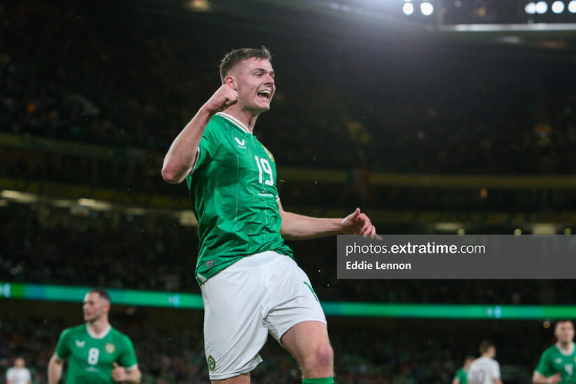 Evan Ferguson celebrating his first international goal on his first start for the Boys in Green