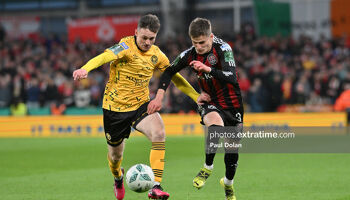 Bohemians full-back Patrick Kirk (right) battles with St Patrick's Athletic's Jason McClelland for the ball in Sunday's FAI Cup Final at the Aviva Stadium