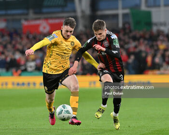 Bohemians full-back Patrick Kirk (right) battles with St Patrick's Athletic's Jason McClelland for the ball in Sunday's FAI Cup Final at the Aviva Stadium