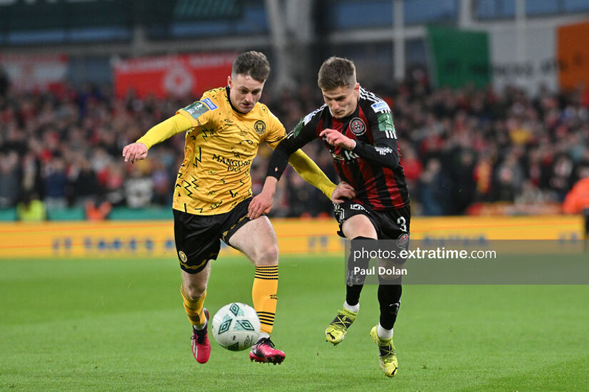 Bohemians full-back Patrick Kirk (right) battles with St Patrick's Athletic's Jason McClelland for the ball in Sunday's FAI Cup Final at the Aviva Stadium
