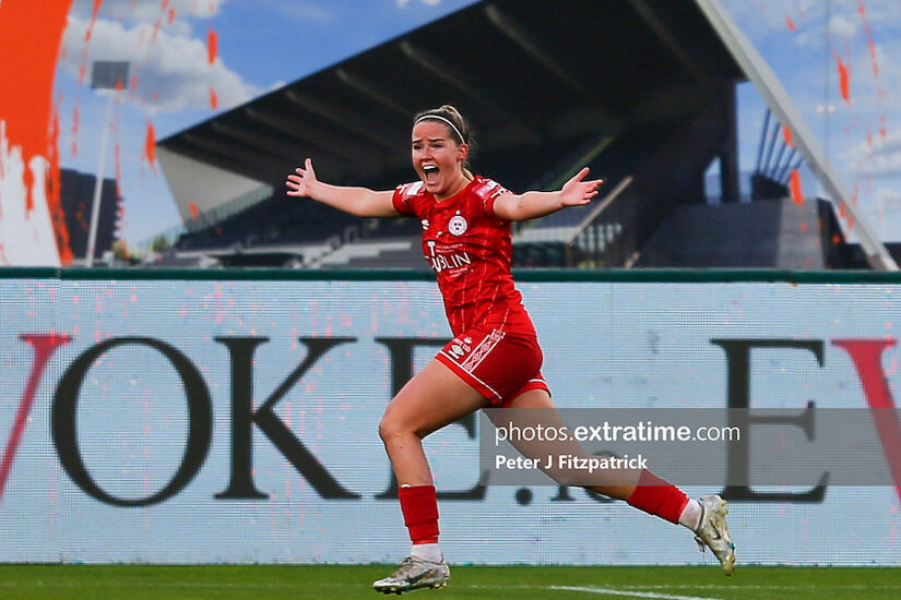 Jessie Stapleton celebrates scoring at Tallaght Stadium in the FAI Women's Cup Final