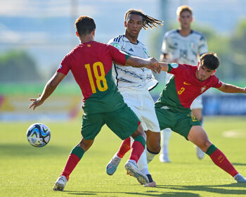 TA' QALI, MALTA - JULY 6: Cher N'dour of Italy in action against Samuel Justo, 18, and António Ribeiro of Portugal during the UEFA European Under-19 Championship Finals 2022/23 group A match between Portugal and Italy at the Centenary Stadium