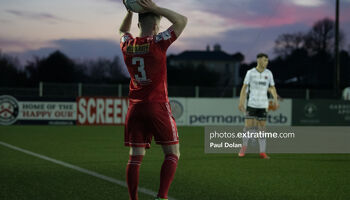 Conor Kane set to take a Shelbourne throw in against Dundalk in Oriel Park