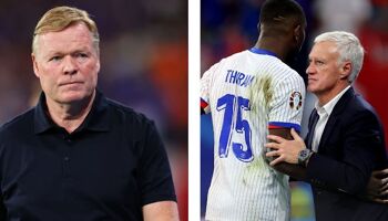 Ronald Koeman reacts after Xavi Simons scores which is later ruled out for offside after a VAR review and Marcus Thuram of France interacts with Didier Deschamps, Head Coach of France, as he is substituted during the Netherlands and France Euro 2024 match