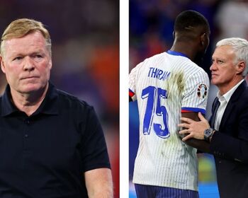 Ronald Koeman reacts after Xavi Simons scores which is later ruled out for offside after a VAR review and Marcus Thuram of France interacts with Didier Deschamps, Head Coach of France, as he is substituted during the Netherlands and France Euro 2024 match