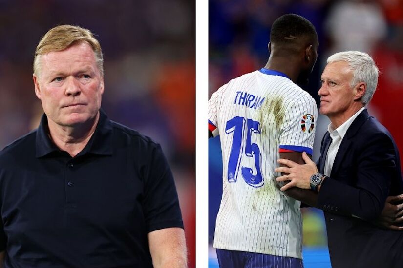 Ronald Koeman reacts after Xavi Simons scores which is later ruled out for offside after a VAR review and Marcus Thuram of France interacts with Didier Deschamps, Head Coach of France, as he is substituted during the Netherlands and France Euro 2024 match