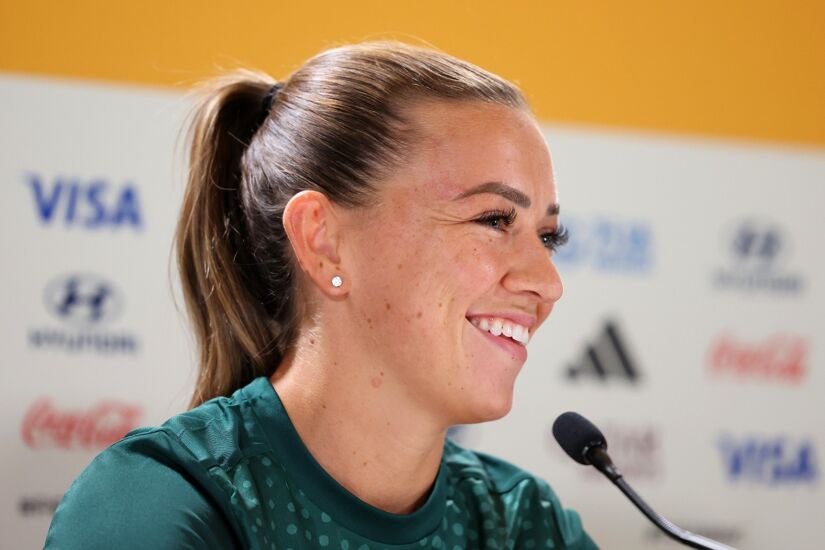 SYDNEY, AUSTRALIA - JULY 19: Katie McCabe of Republic of Ireland speaks to the media during a Republic of Ireland Press Conference at Sydney Football Stadium on July 19, 2023 in Sydney, Australia.