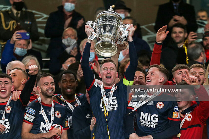Ian Bermingham celebrates with the trophy after the FAI Cup Final between St Patricks Athletic and Bohemians at the Aviva Stadium last November