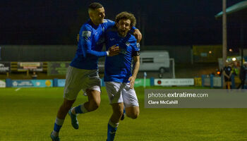 Harps skipper Barry McNamee celebrates the late winner for his team against Damien Duff's Shelbourne