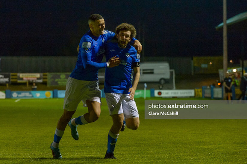 Harps skipper Barry McNamee celebrates the late winner for his team against Damien Duff's Shelbourne
