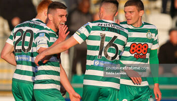 Rovers celebrating Dylan Watts' goal against Shkupi in the Europa League third round qualifier in Tallaght