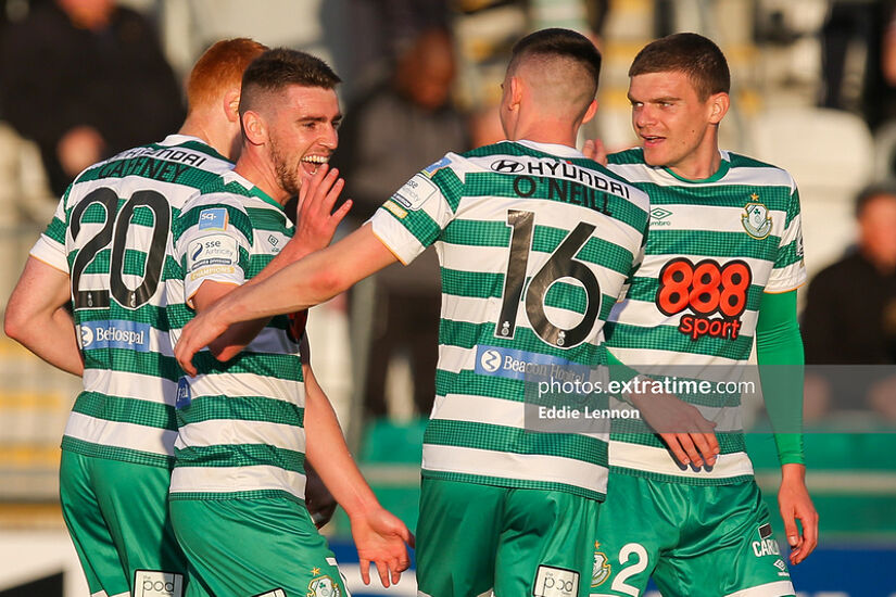 Rovers celebrating Dylan Watts' goal against Shkupi in the Europa League third round qualifier in Tallaght