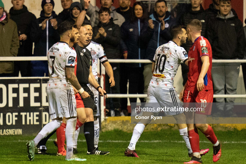 Dylan Connolly Bohemian FC is shown a red card by Referee Arnold Hunter