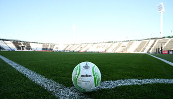 THESSALONIKI, GREECE - APRIL 14: The match ball is seen prior to the UEFA Conference League Quarter Final Leg Two match between PAOK Saloniki and Olympique Marseille at  on April 14, 2022 in Thessaloniki, Greece.