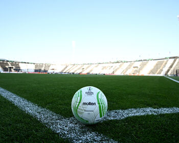 THESSALONIKI, GREECE - APRIL 14: The match ball is seen prior to the UEFA Conference League Quarter Final Leg Two match between PAOK Saloniki and Olympique Marseille at  on April 14, 2022 in Thessaloniki, Greece.