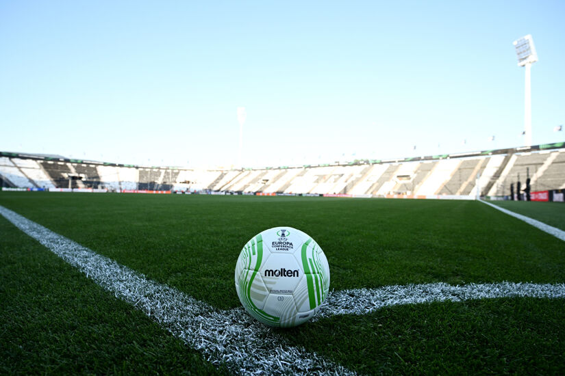 THESSALONIKI, GREECE - APRIL 14: The match ball is seen prior to the UEFA Conference League Quarter Final Leg Two match between PAOK Saloniki and Olympique Marseille at  on April 14, 2022 in Thessaloniki, Greece.