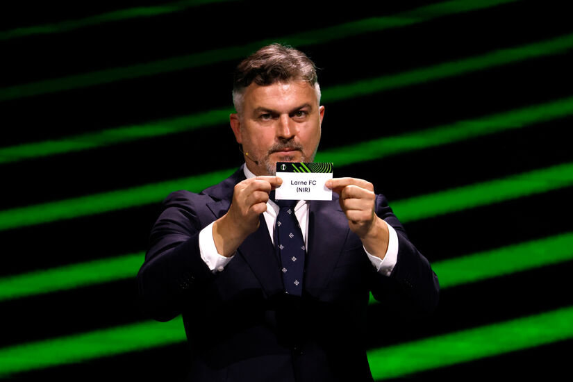 Special Guest, Michal Zewlakow draws Larne FC during the UEFA Conference League 2024/25 League Phase Draw at Grimaldi Forum on August 30, 2024 in Monaco.