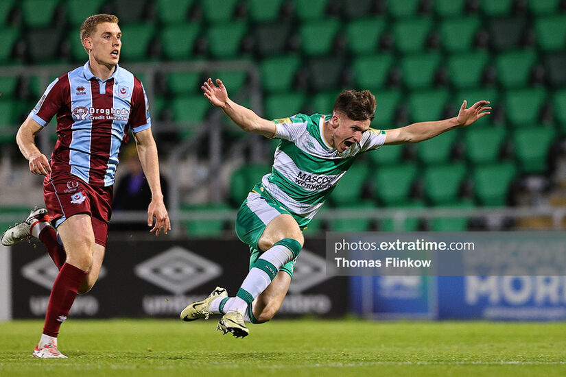 Drogheda United's Jack Keaney watches on Shamrock Rovers Johnny Kenny tumbles to the turf in Tallaght in their Premier Division match on Monday 29 April