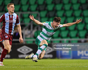 Drogheda United's Jack Keaney watches on Shamrock Rovers Johnny Kenny tumbles to the turf in Tallaght in their Premier Division match on Monday 29 April