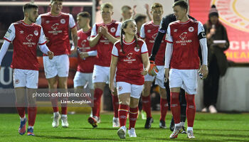Saints skipper Chris Forrester leading his team out in Inchicore last April against Shamrock Rovers. He scored the only goal of the derby that night