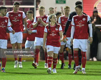 Saints skipper Chris Forrester leading his team out in Inchicore last April against Shamrock Rovers. He scored the only goal of the derby that night