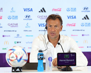 Herve Renard, Head Coach of Saudi Arabia, attends the post match press conference after his team’s 2-0 loss to Poland