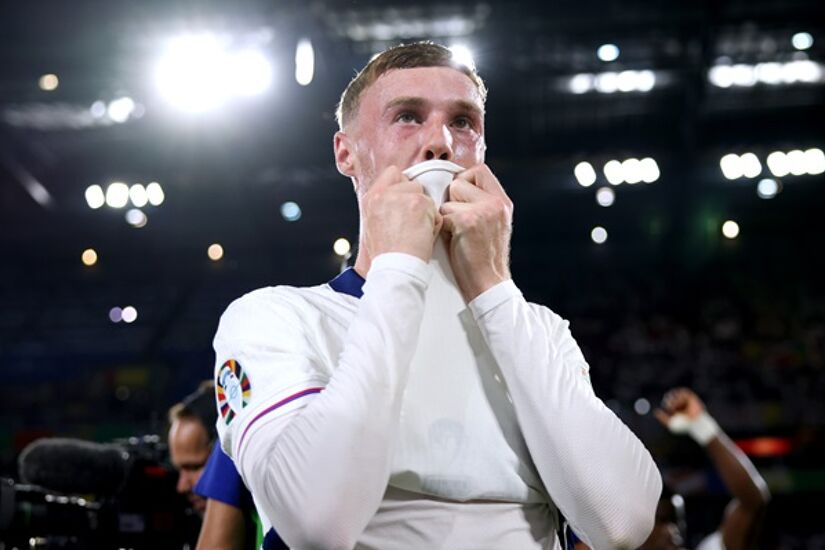 COLOGNE, GERMANY - JUNE 25: Cole Palmer of England reacts after the UEFA EURO 2024 group stage match between England and Slovenia at Cologne Stadium on June 25, 2024 in Cologne, Germany. (Photo by Ryan Pierse - UEFA/UEFA via Getty Images)