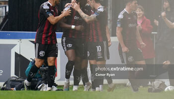 Bohemian FC players congratulate Jonathan Afolabi after he opened the scoring against Shelbourne in the 2023 FAI Cup