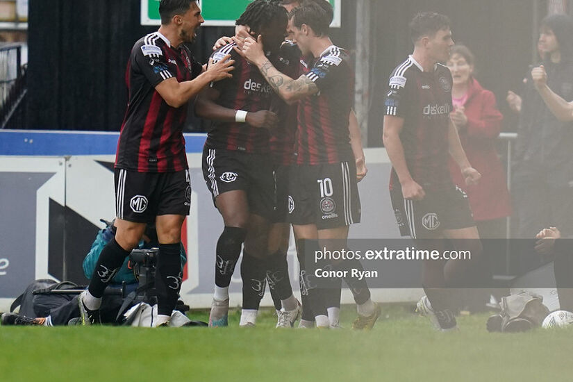 Bohemian FC players congratulate Jonathan Afolabi after he opened the scoring against Shelbourne in the 2023 FAI Cup