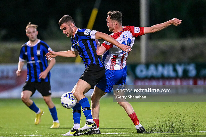 Athlone Town Defender, Jarlath Jones (left) with Dean George of Treaty United, during the Athlone Town v Treaty Utd, SSE Airtricity League of Ireland, First Division game at Athlone Town Stadium, Athlone.